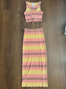 l*space Pink & Brown Striped Knit Midi Two Piece Dress